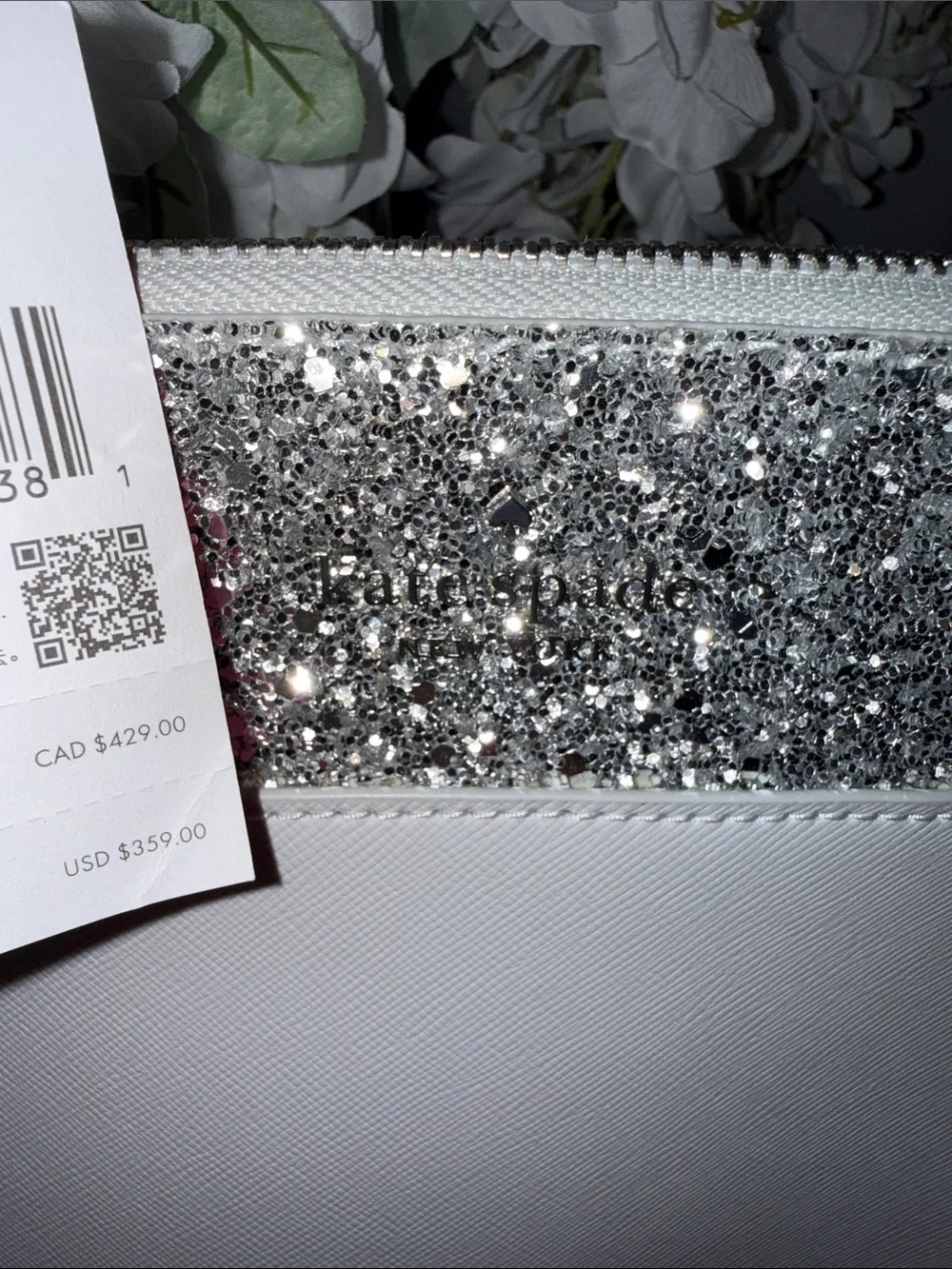 kate spade White Tote with Silver Glitter Accent